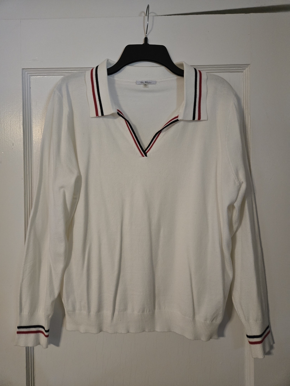 Women's Cream V-Neck Polo-Style Sweater with Stripe Trim